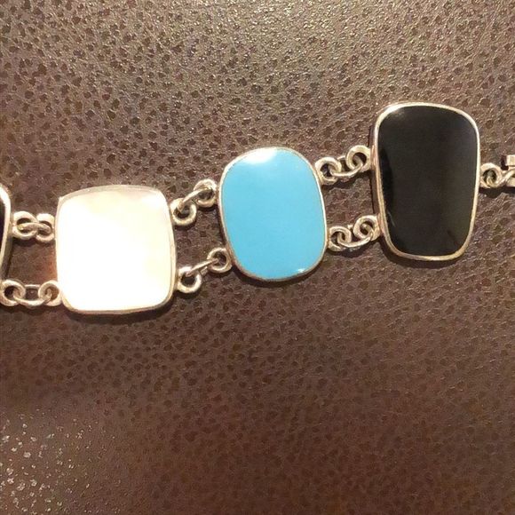 Sterling Silver Mother of Pearl Black & Turquoise Cabochon Linked Bracelet - Picture 8 of 10
